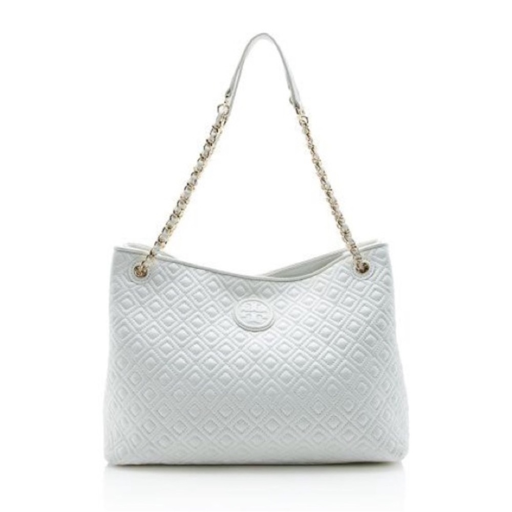 Elegant White Tory Burch Marion Quilted Tote Bag